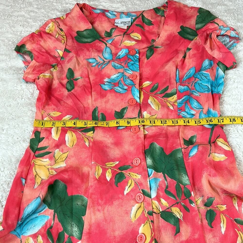 Vintage Coral Floral Midi Dress with Blue and Green Flower Print - Picture 6 of 8